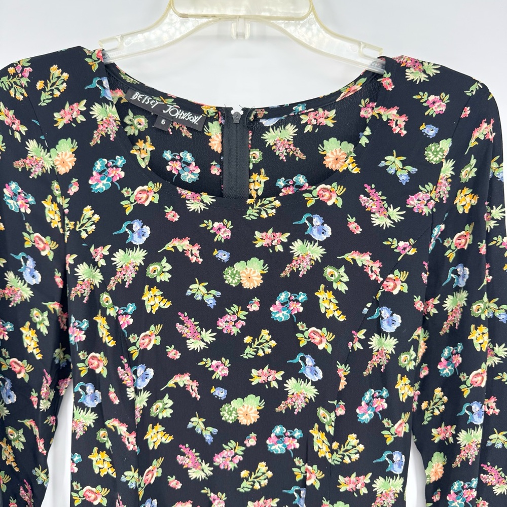 Vintage 90s Y2K‎ Fairy Grunge Betsey Johnson LS Floral Mini Dress Black Size 6 - Picture 3 of 11